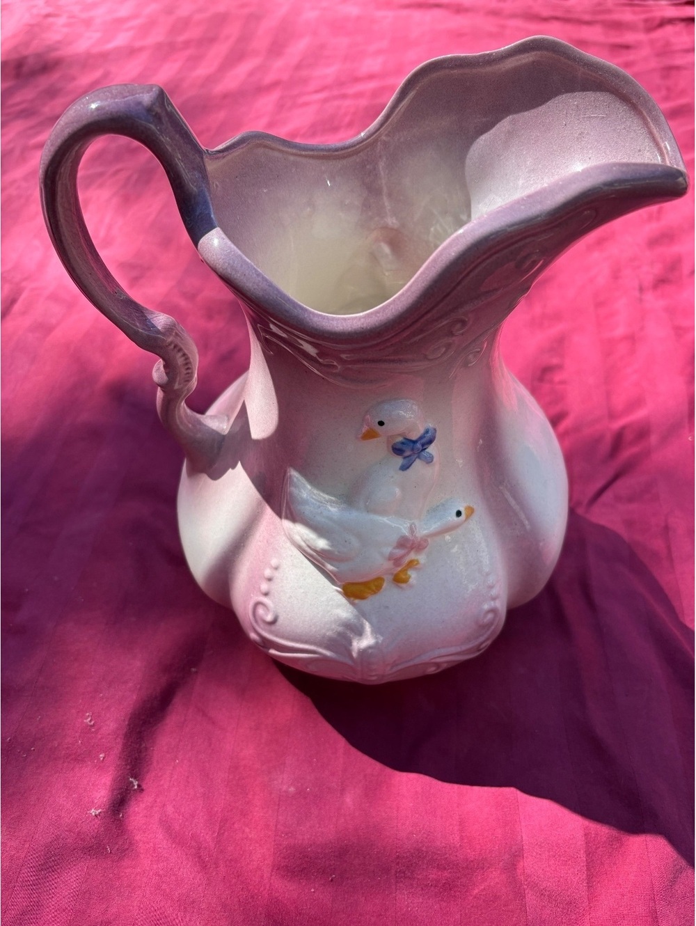 Antique English Ironstone Pitcher 11” Duck Figural Relief Lavende Victorian